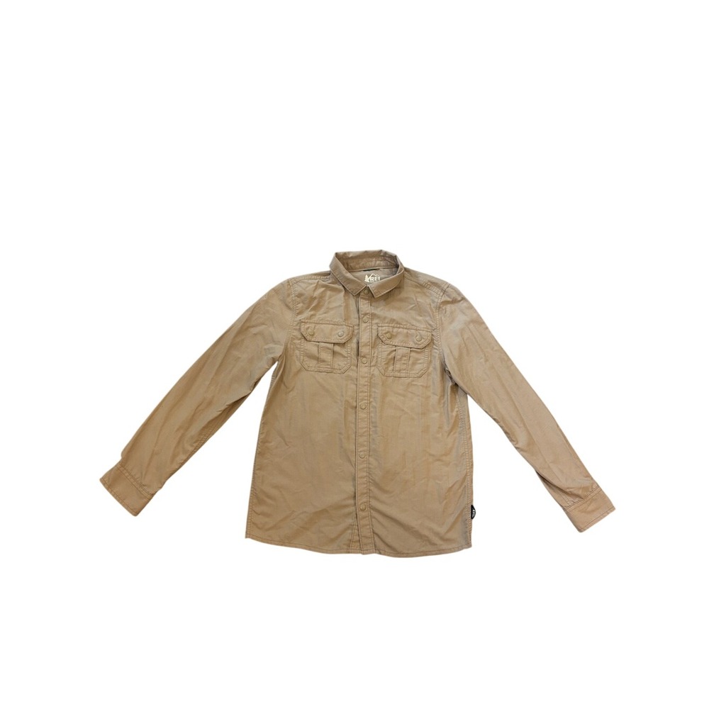 REI Boys Light Tan Long-Sleeve Button-Down Shirt sz 10-12 outdoors hiking gorpco